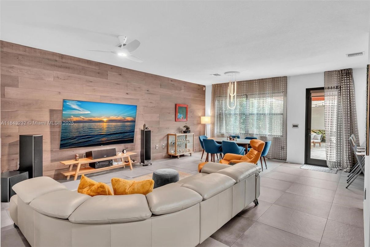 Dining room, Interior, Living room, Pendant Lights, Recessed Lighting, Wooden Walls