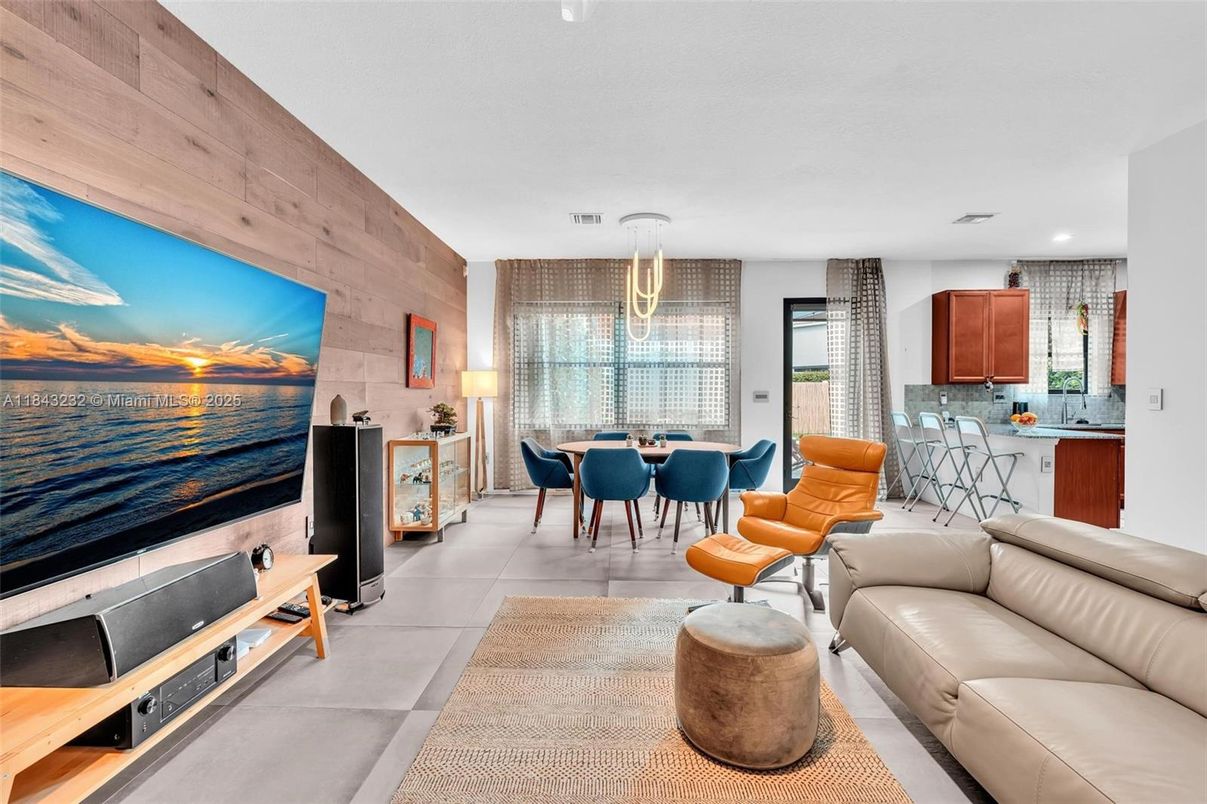 Dining room, Interior, Living room, Pendant Lights, Recessed Lighting, Wooden Walls