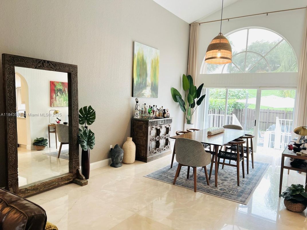 Dining room, Fireplace, Interior, Pendant Lights