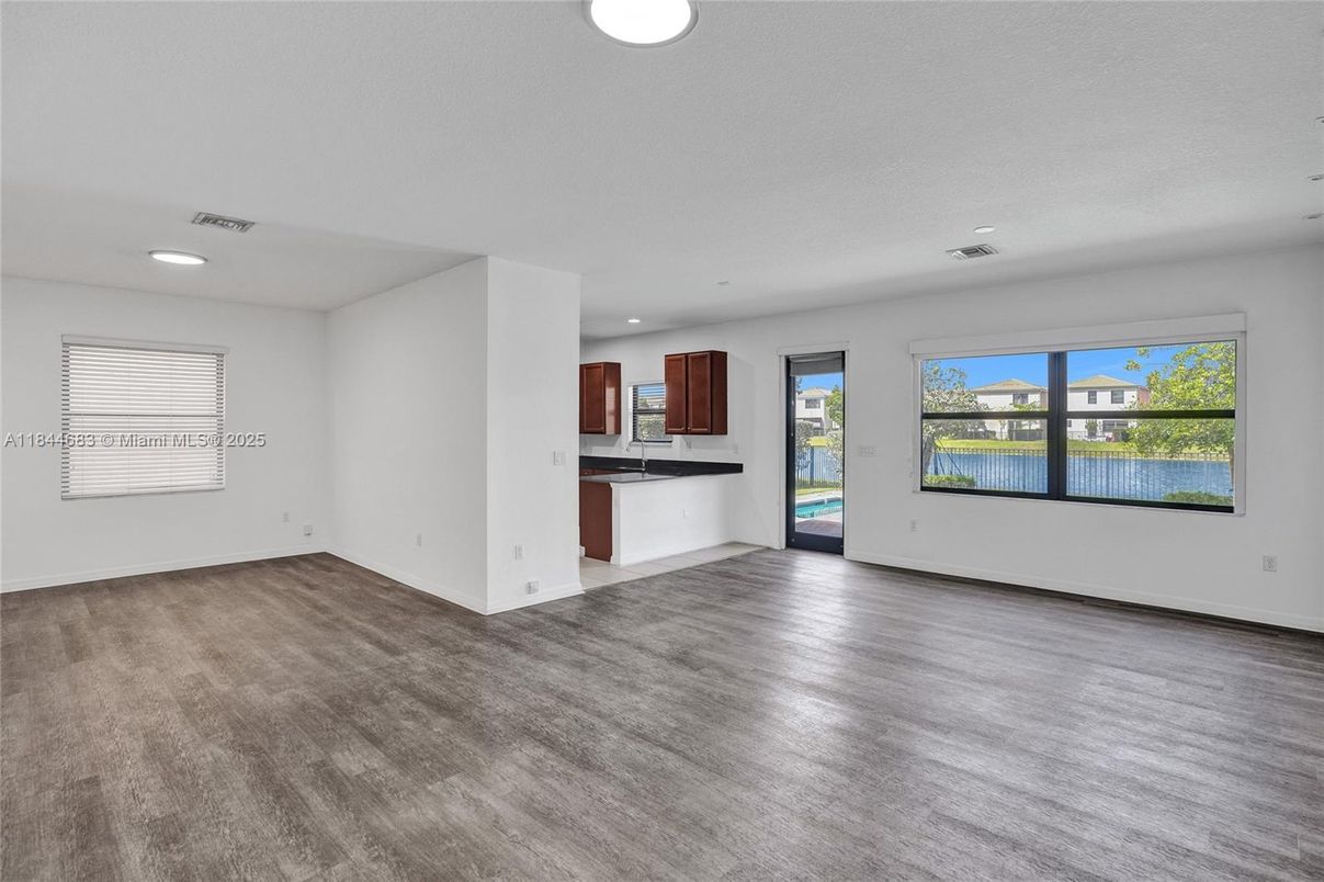 Empty room, Interior, Kitchen, Recessed Lighting, Wood Texture Flooring