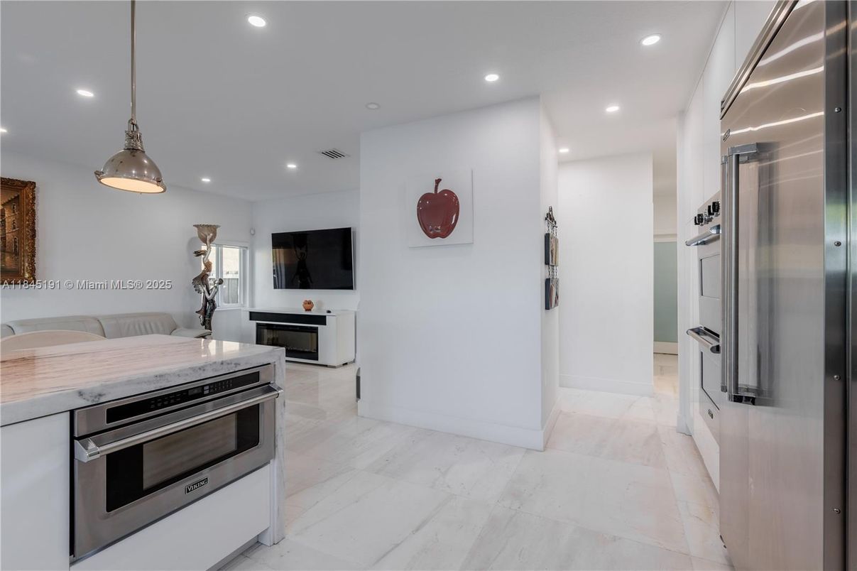 Interior, Kitchen, Marble, Pendant Lights, Recessed Lighting, Stainless Steel Appliances