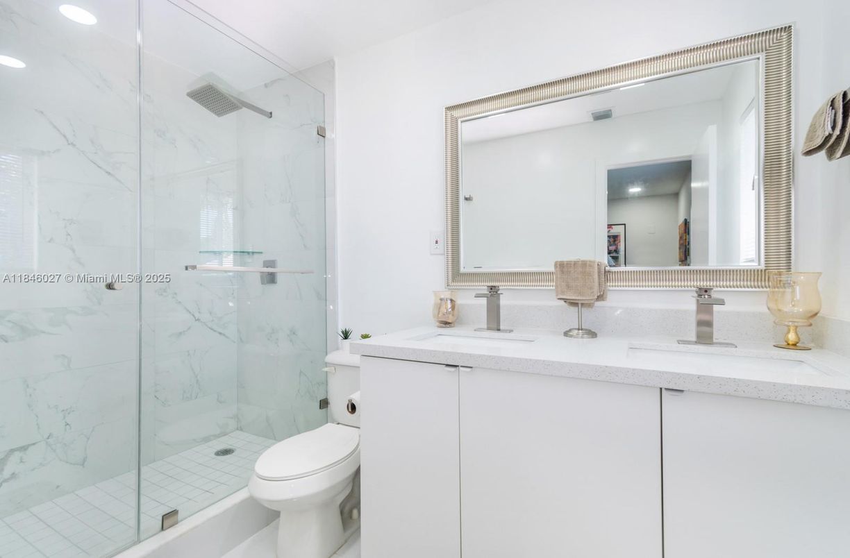 Bathroom, Glass Shower, Interior, Marble Walls, Recessed Lighting