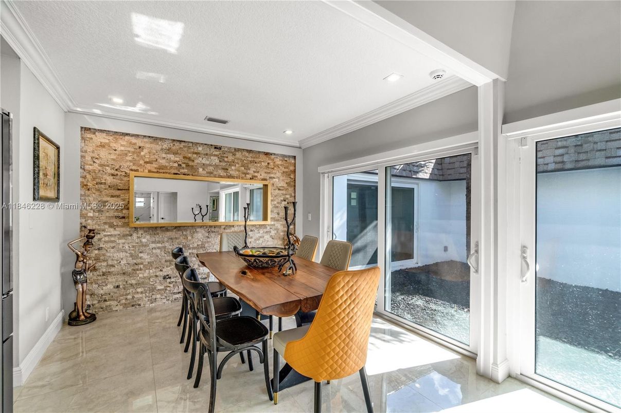Dining room, Interior, Recessed Lighting, Stone Walls
