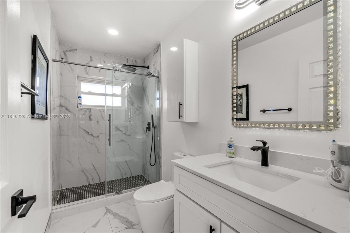 Bathroom, Glass Shower, Interior, Marble, Marble Walls, Recessed Lighting