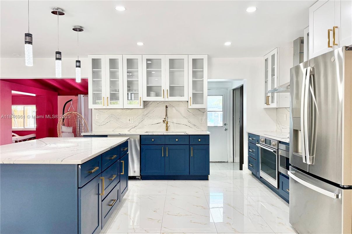 Interior, Kitchen, Marble, Marble Walls, Pendant Lights, Recessed Lighting, Stainless Steel Appliances