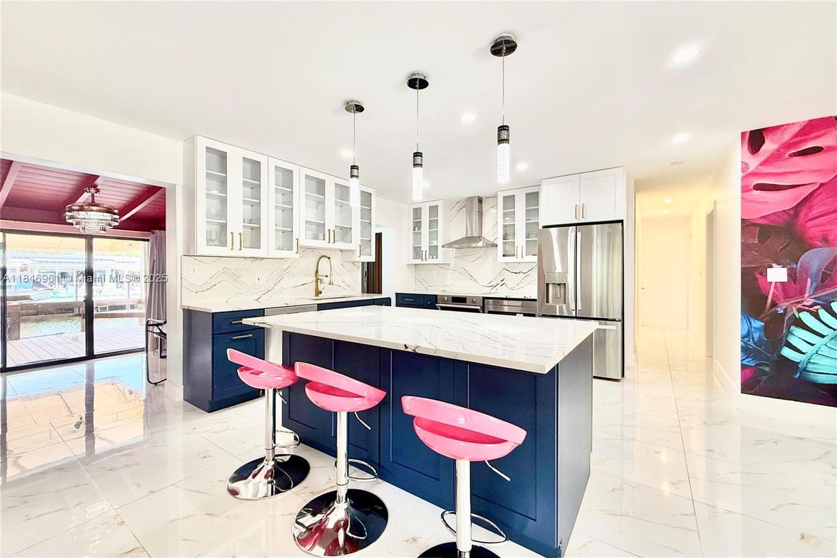 Interior, Kitchen, Marble, Marble Walls, Pendant Lights, Recessed Lighting, Stainless Steel Appliances, Water