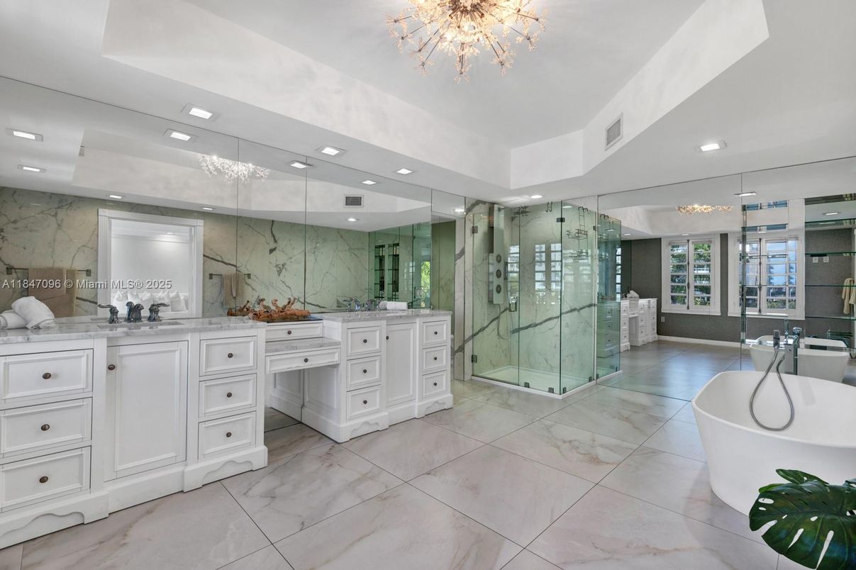 Bathroom, Free Standing Baths, Glass Shower, Interior, Marble, Marble Walls, Recessed Lighting