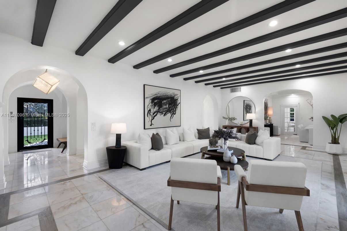Interior, Living room, Marble, Recessed Lighting, Wooden Beams