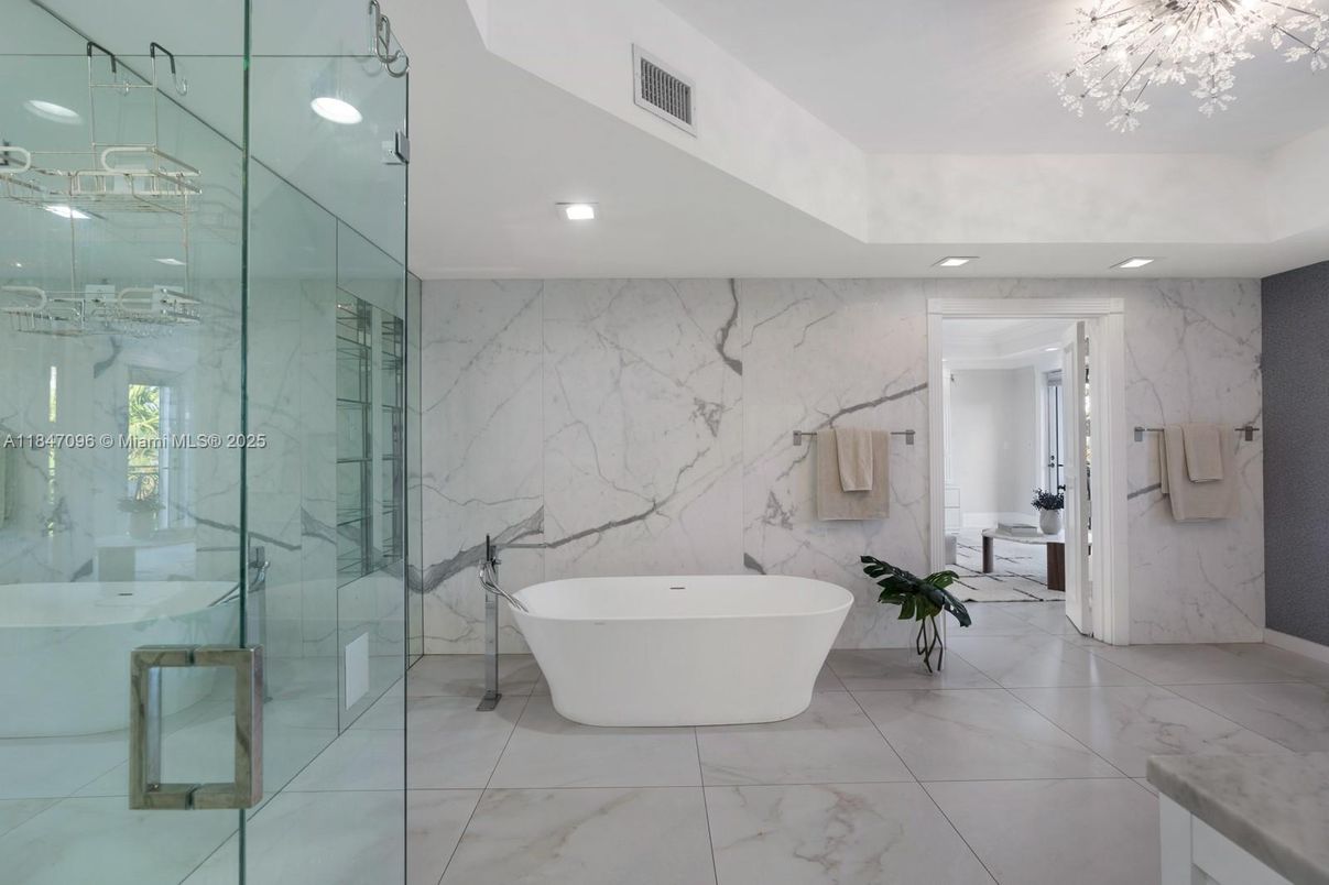 Bathroom, Free Standing Baths, Glass Shower, Interior, Marble, Marble Walls, Recessed Lighting