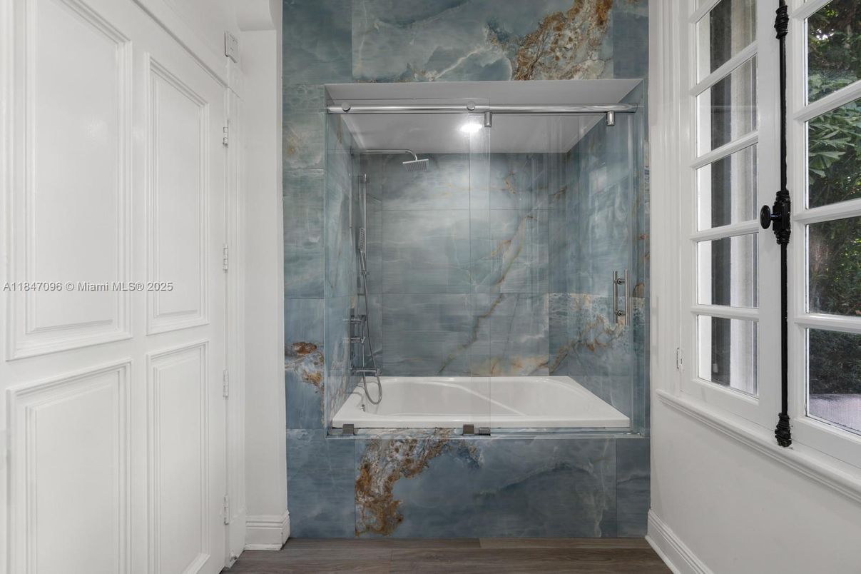 Bathroom, Glass Shower, Interior, Wood Texture Flooring