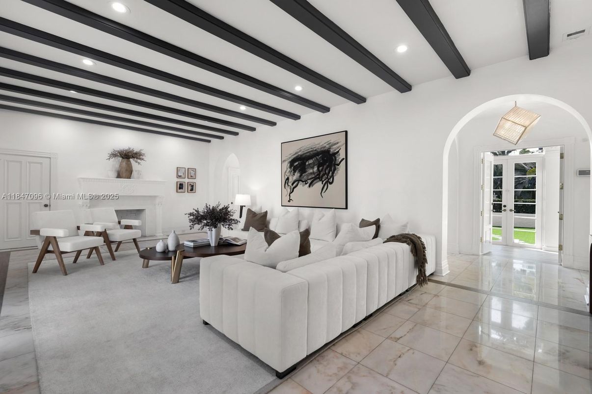 Fireplace, Interior, Living room, Recessed Lighting, Wooden Beams