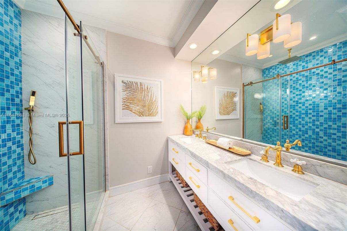 Bathroom, Dual Sink Vanities, Glass Shower, Interior, Marble, Marble Walls, Recessed Lighting