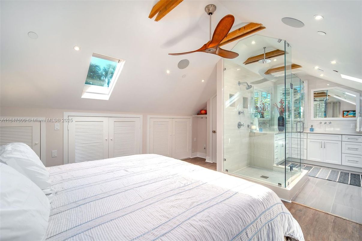 Bathroom, Bedroom, Glass Shower, Interior, Recessed Lighting, Wood Texture Flooring