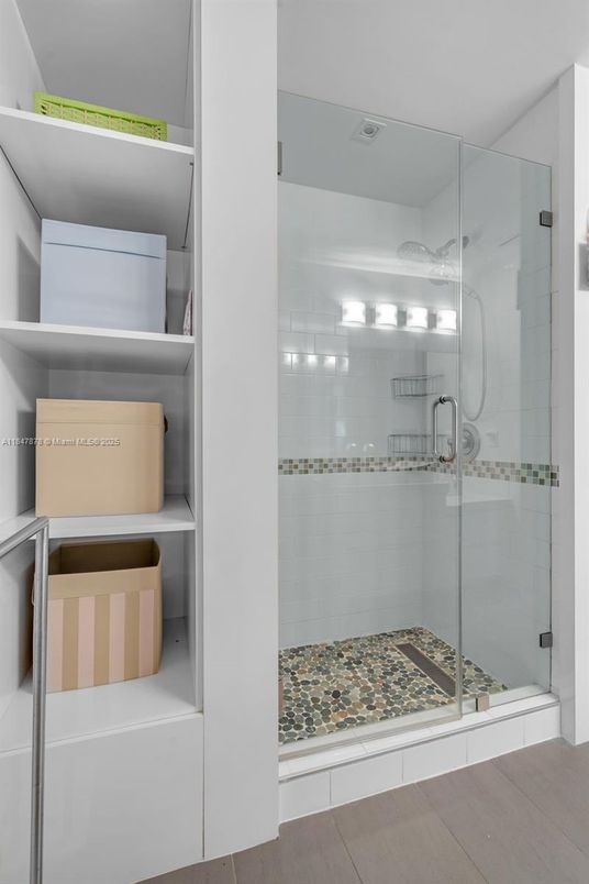 Bathroom, Glass Shower, Interior, Wood Texture Flooring