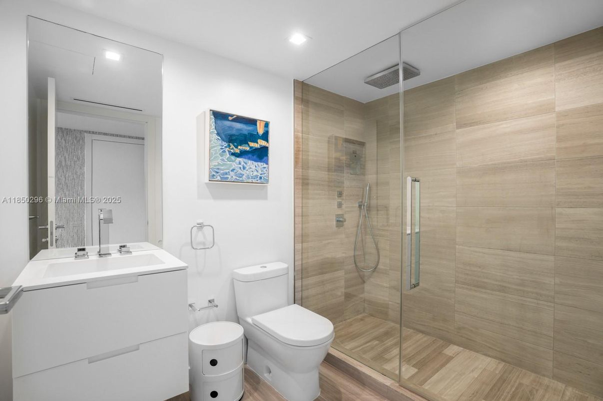 Bathroom, Glass Shower, Interior, Recessed Lighting, Wood Texture Flooring