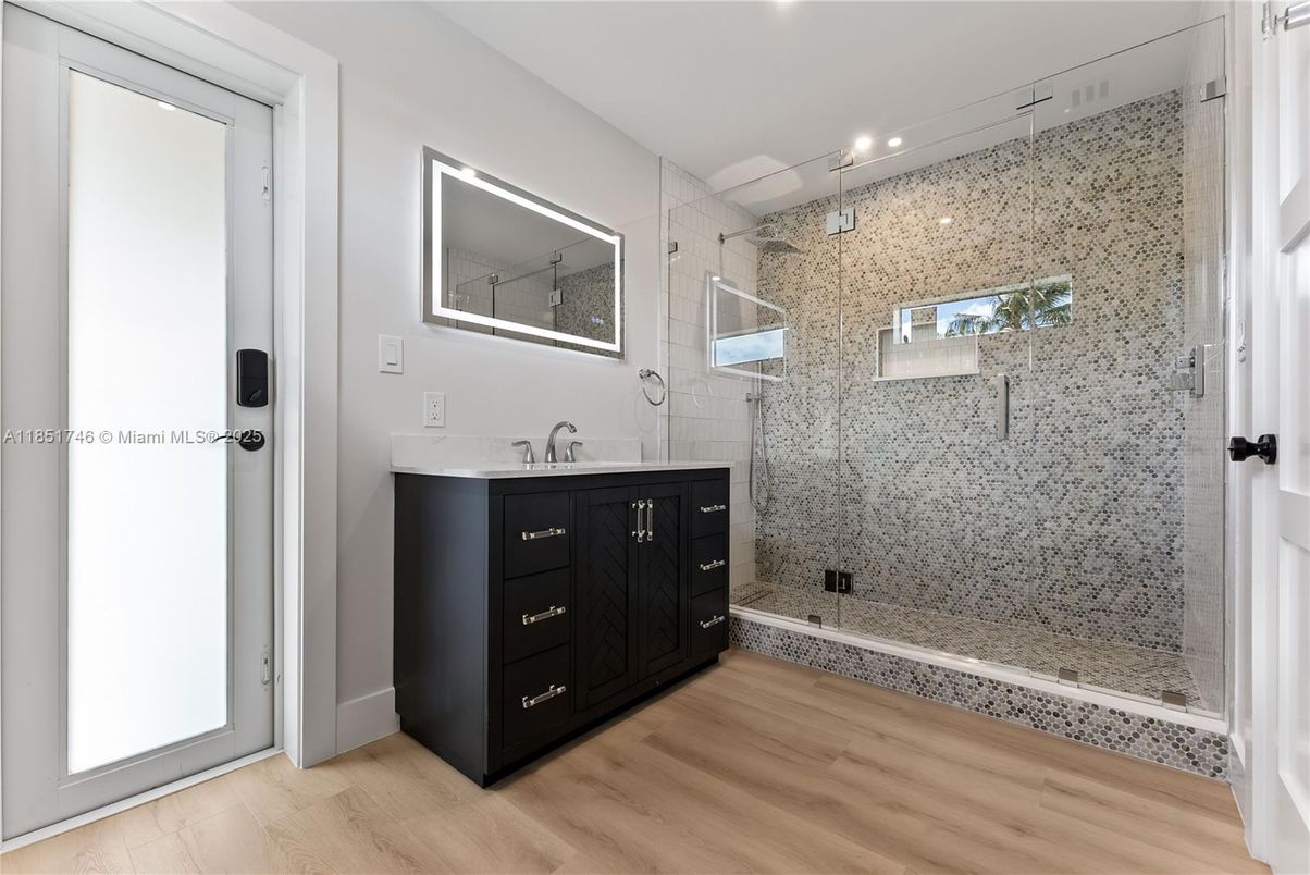 Bathroom, Glass Shower, Interior, Recessed Lighting, Wood Texture Flooring