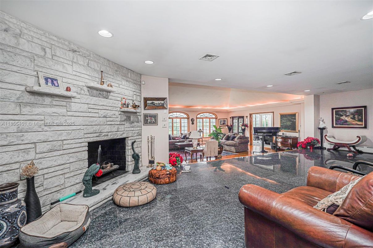 Fireplace, Interior, Living room, Recessed Lighting, Stone Walls