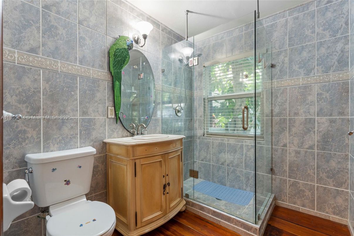 Bathroom, Glass Shower, Interior, Wood Texture Flooring