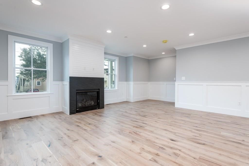 Empty room, Fireplace, Interior, Recessed Lighting, Wood Texture Flooring