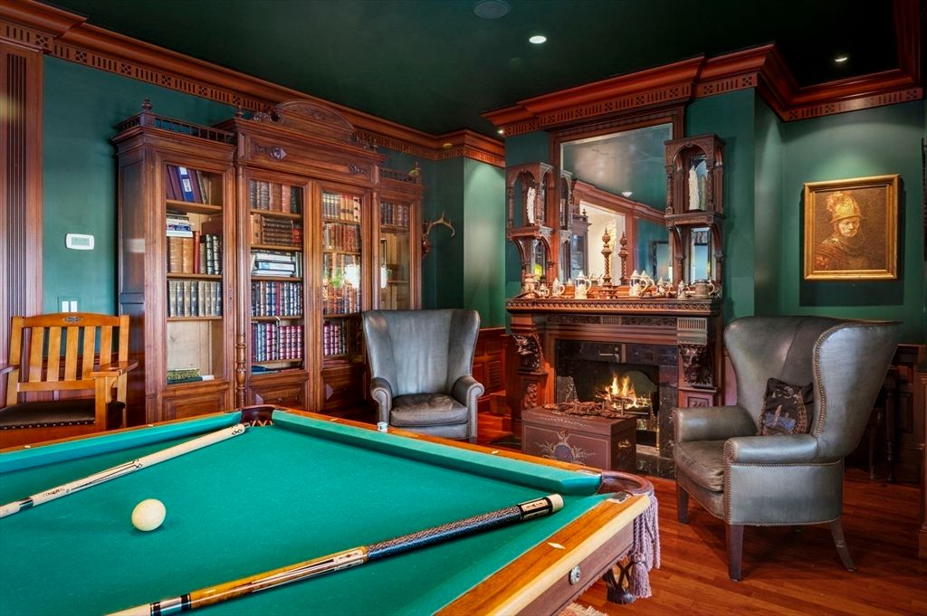 Billiard Table, Fireplace, Game Room, Interior, Recessed Lighting, Wood Texture Flooring