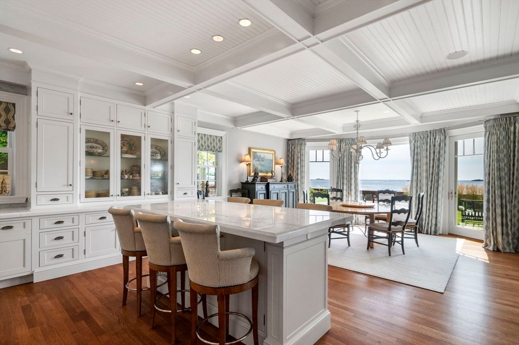 Chandelier, Dining room, Interior, Kitchen, Recessed Lighting, Water, Wood Texture Flooring