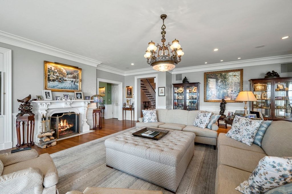 Chandelier, Fireplace, Interior, Living room, Recessed Lighting, Wood Texture Flooring