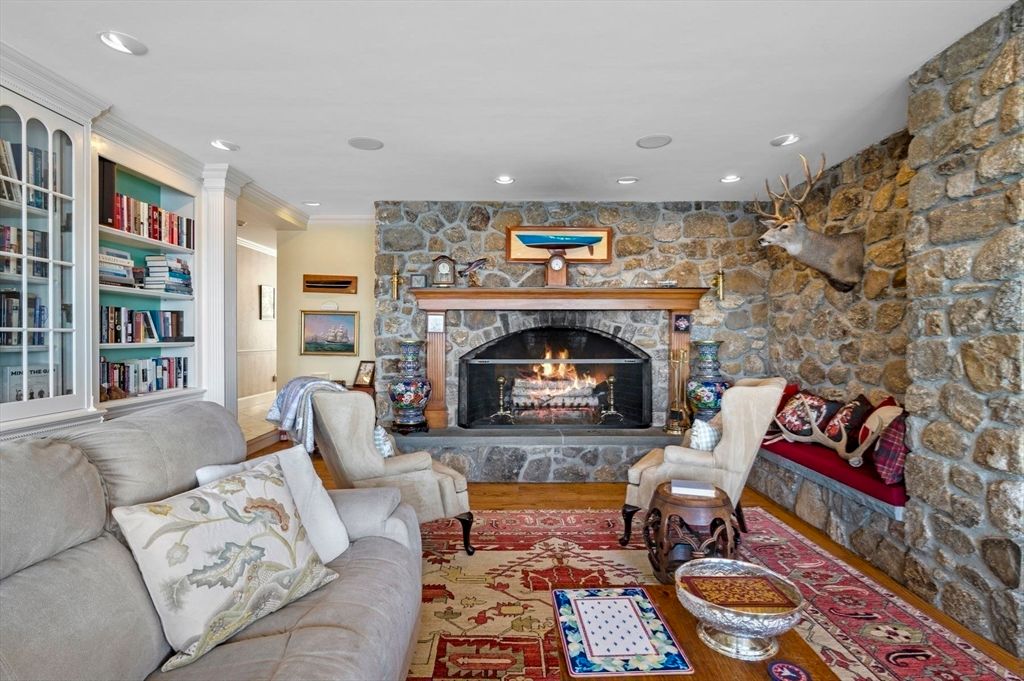 Fireplace, Interior, Living room, Recessed Lighting, Stone Walls