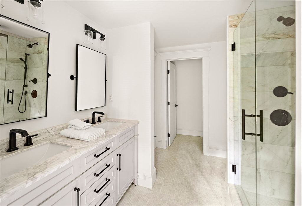 Bathroom, Dual Sink Vanities, Glass Shower, Interior, Marble Walls