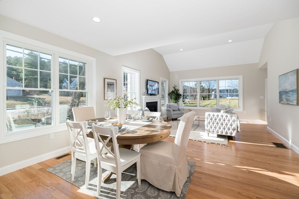 Dining room, Fireplace, Interior, Living room, Recessed Lighting, Wood Texture Flooring