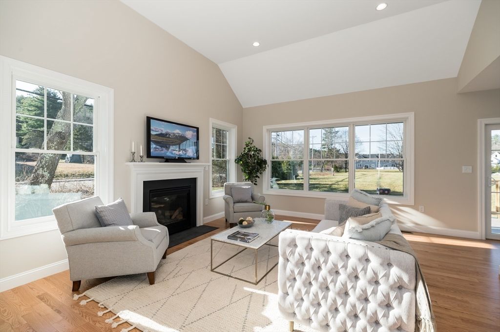 Fireplace, Interior, Living room, Recessed Lighting, Wood Texture Flooring