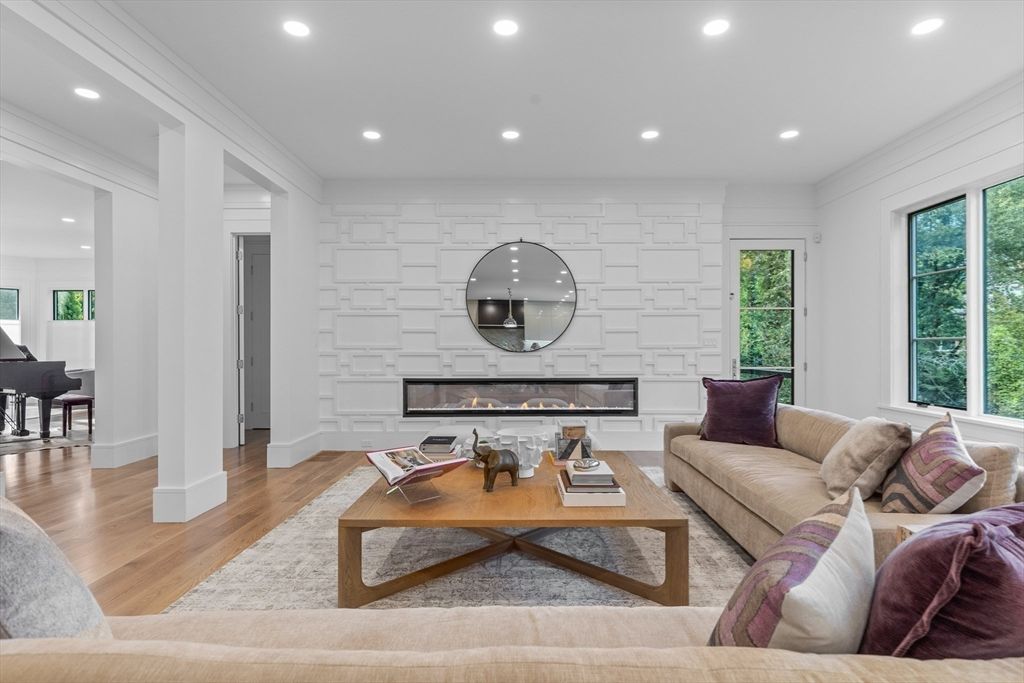 Fireplace, Interior, Living room, Piano, Recessed Lighting, Stone Walls, Wood Texture Flooring