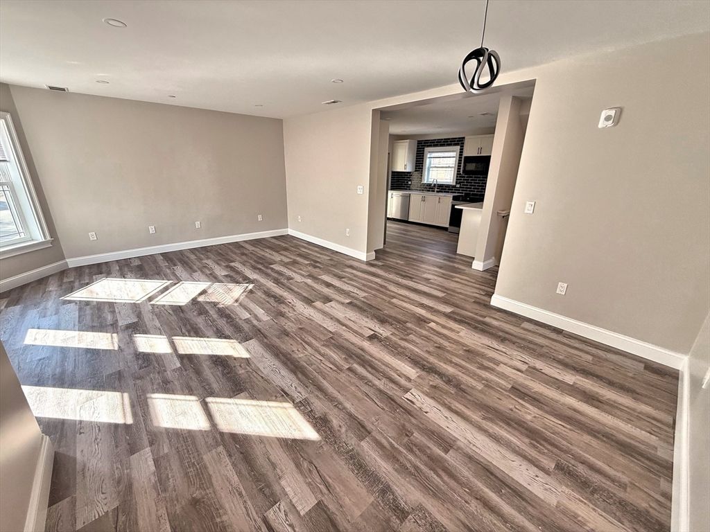 Empty room, Interior, Kitchen, Pendant Lights, Recessed Lighting, Wood Texture Flooring