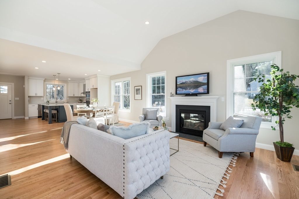 Dining room, Fireplace, Interior, Kitchen, Living room, Pendant Lights, Recessed Lighting, Wood Texture Flooring
