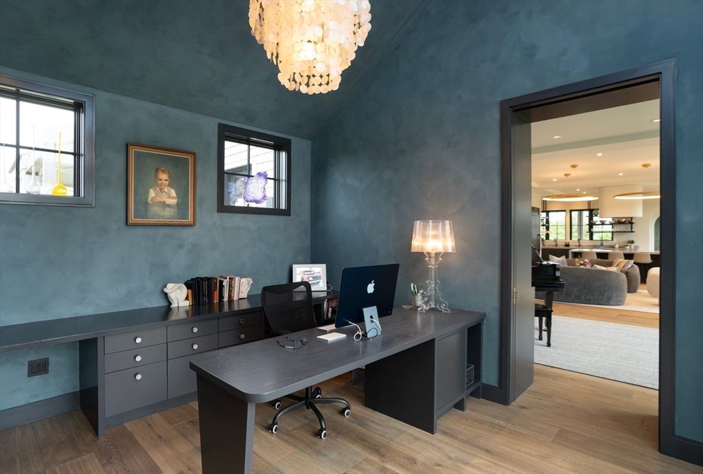 Chandelier, Home Office, Interior, Recessed Lighting, Wood Texture Flooring