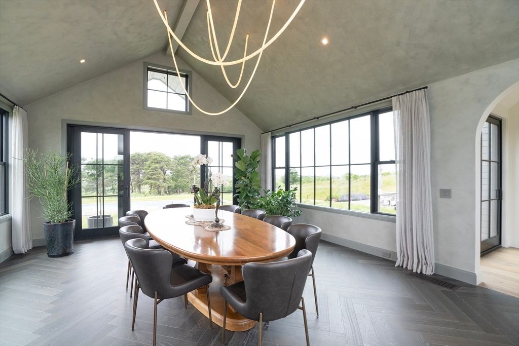 Dining room, Interior, Pendant Lights, Recessed Lighting, Wood Texture Flooring
