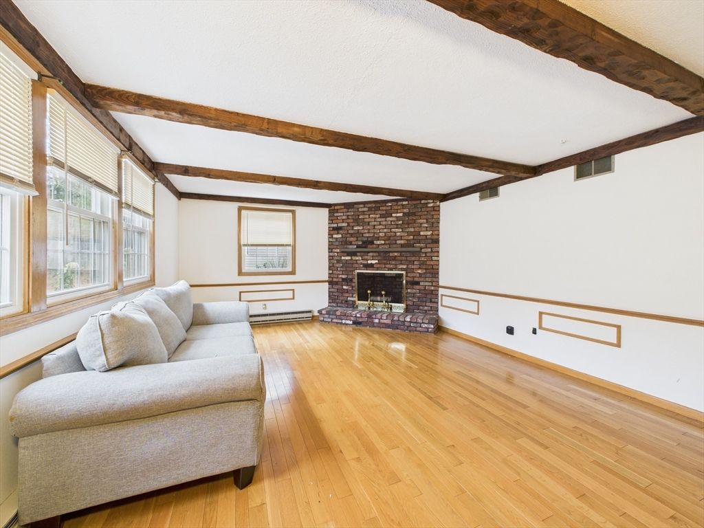 Empty room, Fireplace, Interior, Living room, Stone Walls, Wooden Beams, Wood Texture Flooring