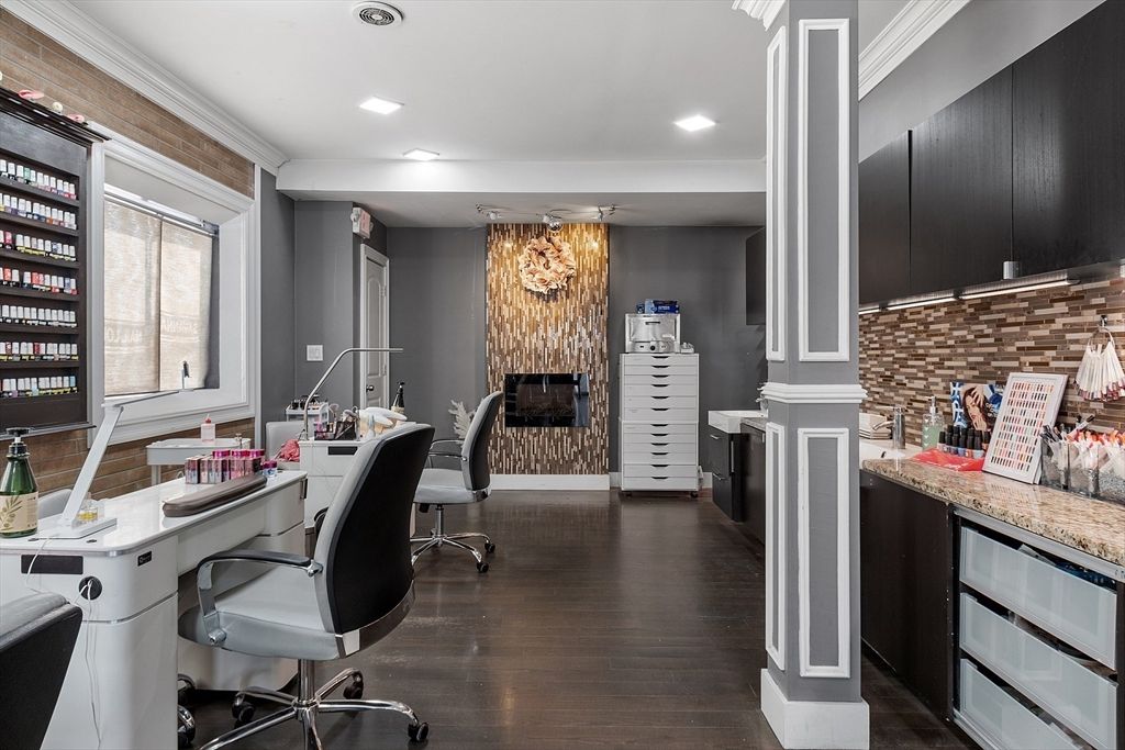 Chandelier, Fireplace, Home Office, Interior, Recessed Lighting, Wood Texture Flooring, Wooden Walls