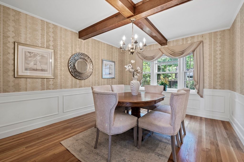 Chandelier, Dining room, Interior, Wooden Beams, Wood Texture Flooring