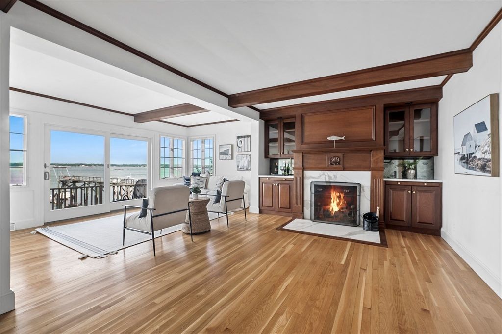 Fireplace, Interior, Living room, Water, Wooden Beams, Wood Texture Flooring