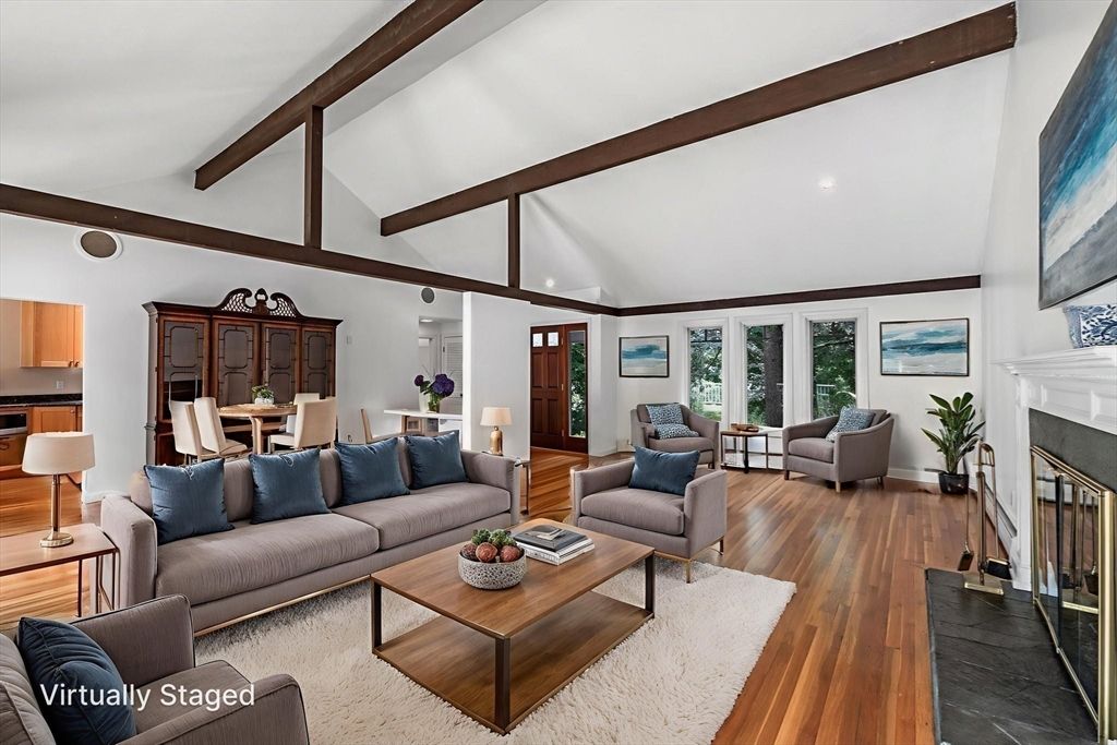 Dining room, Fireplace, Interior, Living room, Recessed Lighting, Wooden Beams, Wood Texture Flooring