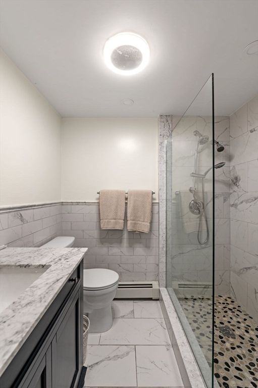Bathroom, Glass Shower, Interior, Marble, Marble Walls, Recessed Lighting
