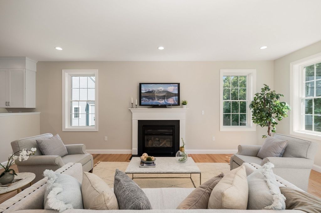 Fireplace, Interior, Living room, Recessed Lighting, Wood Texture Flooring