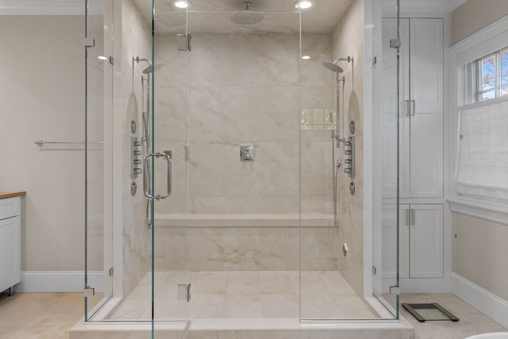 Bathroom, Glass Shower, Interior, Marble Walls, Recessed Lighting