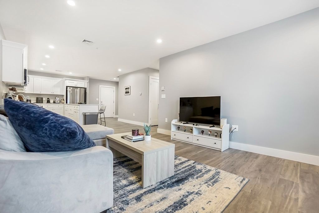 Interior, Kitchen, Living room, Recessed Lighting, Stainless Steel Appliances, Wood Texture Flooring