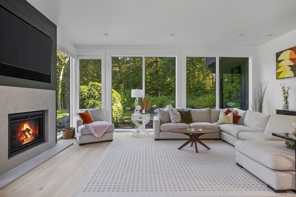 Fireplace, Interior, Living room, Recessed Lighting, Wood Texture Flooring