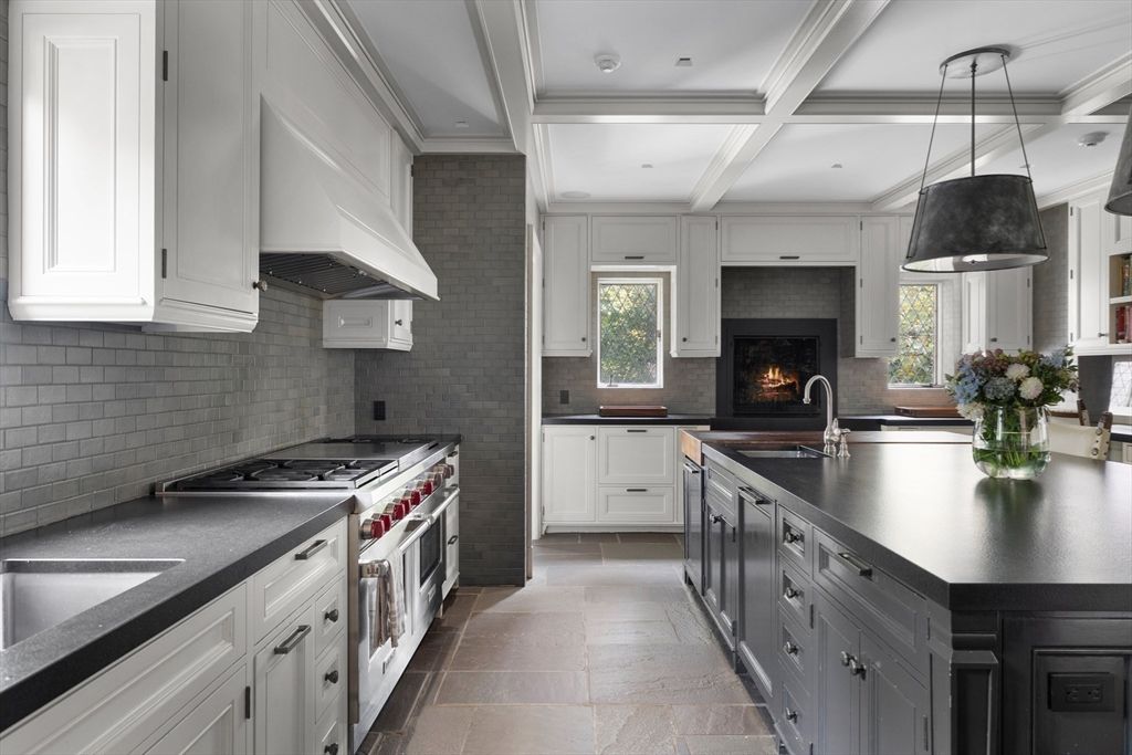 Fireplace, Interior, Kitchen, Pendant Lights, Recessed Lighting, Stainless Steel Appliances