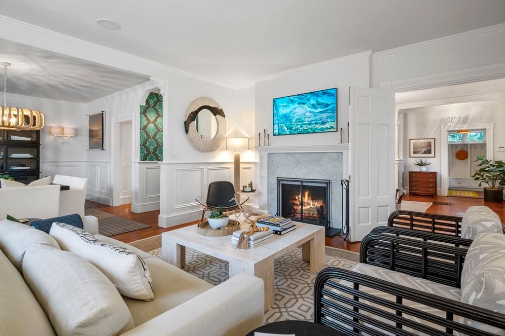 Fireplace, Interior, Living room, Pendant Lights, Wood Texture Flooring