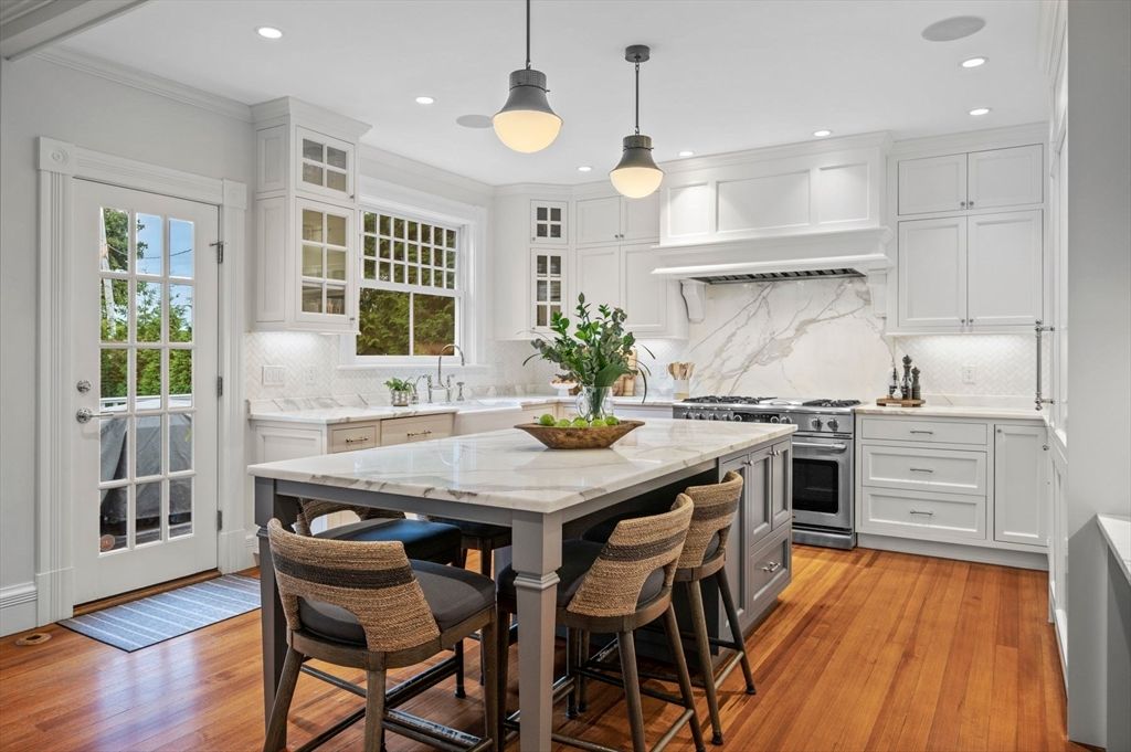 Interior, Kitchen, Marble Walls, Pendant Lights, Recessed Lighting, Stainless Steel Appliances, Wood Texture Flooring