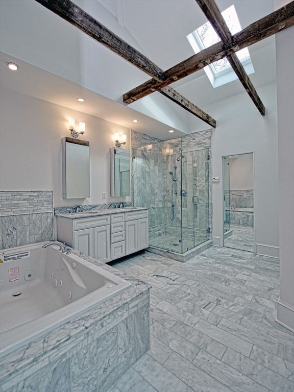 Bathroom, Dual Sink Vanities, Glass Shower, Interior, Marble, Recessed Lighting