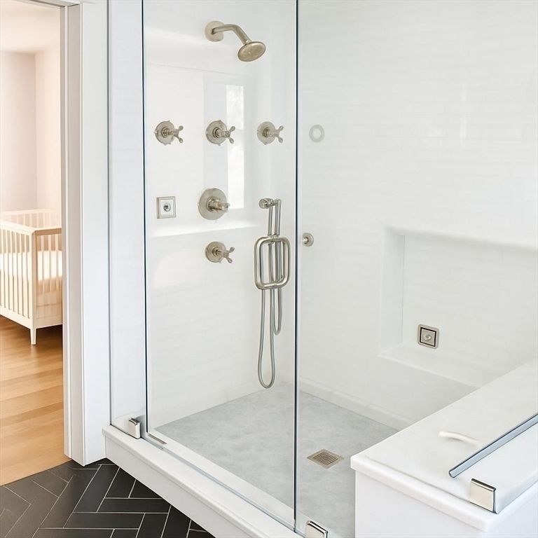 Bathroom, Glass Shower, Interior, Wood Texture Flooring